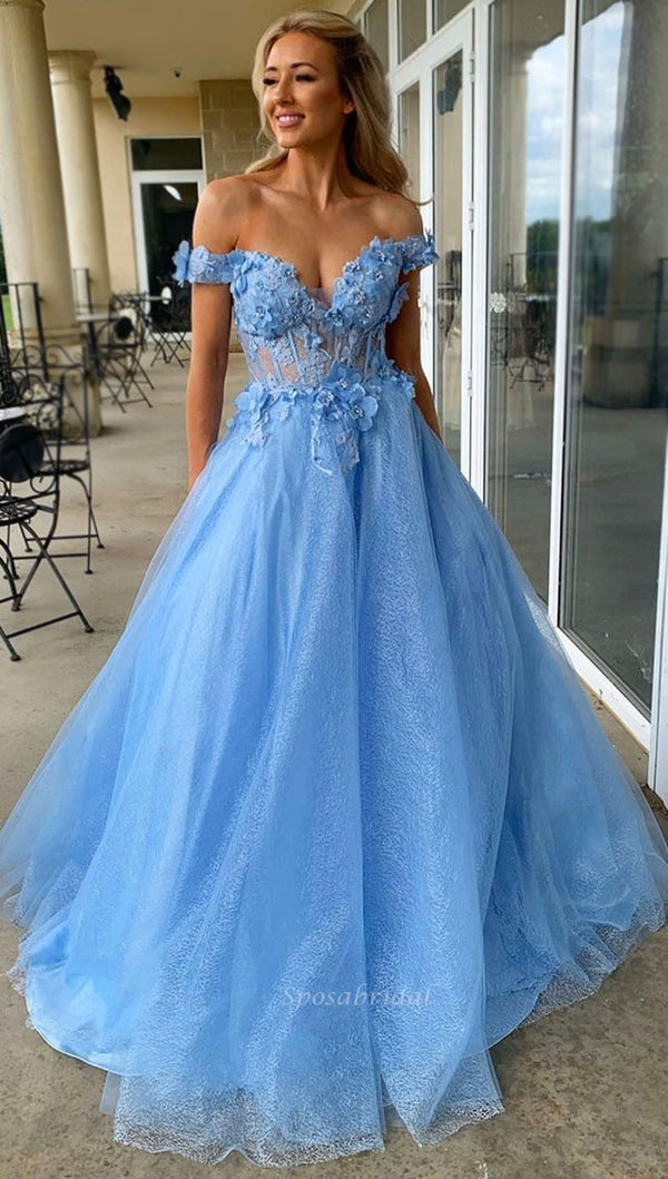 Sexy Sparkly Sky Blue Off-shoulder Floral Top A-line Long Prom Dress, –  SposaBridal