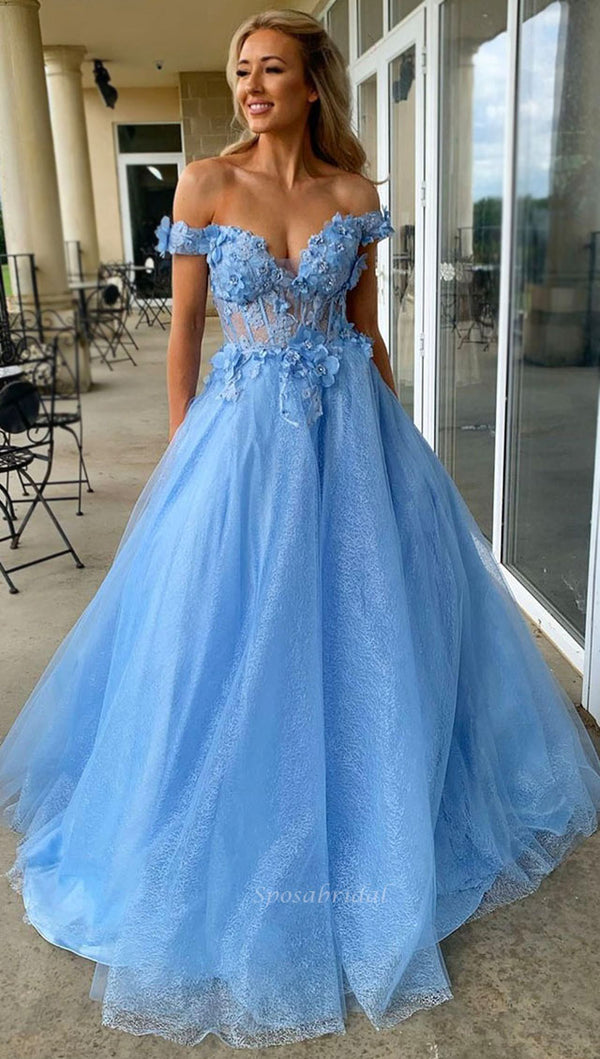 Sexy Sparkly Sky Blue Off-shoulder Floral Top A-line Long Prom Dress, SposaBridal Sexy Sparkly Sky Blue Off-shoulder Floral Top A-line Long Prom Dress, SposaBridal