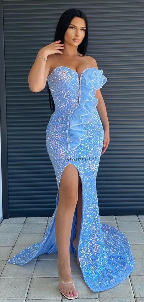Sexy Sparkly Strapless Sweetheart Side-slit Mermaid Long Prom Dress, PD3498