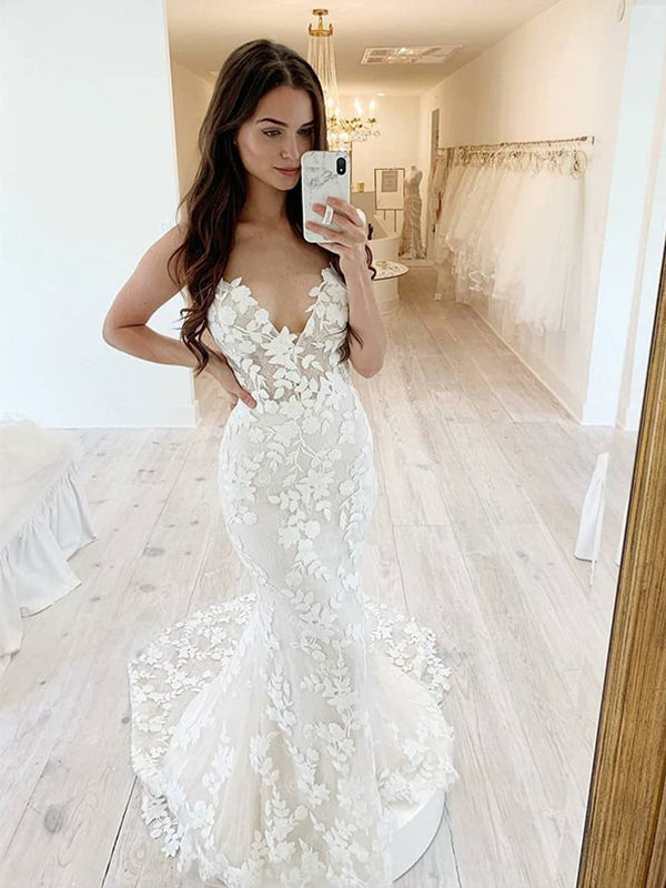 Sexy Strapless V-neck Full Lace Mermaid With Train Long Wedding Dress, WD3070