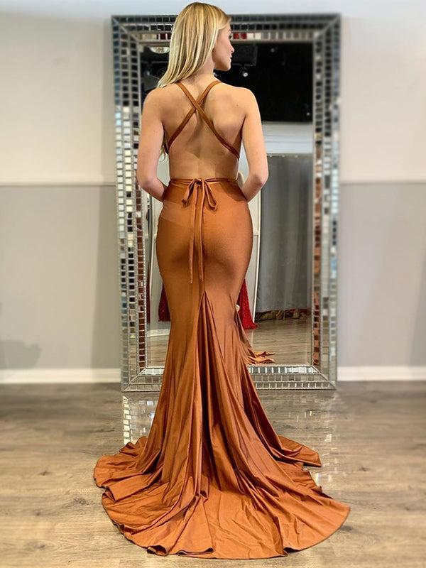 Burnt Orange Sexy V-neck Halter Open Back Mermaid Long Prom Dress, BD3 SposaBridal Burnt Orange Sexy V-neck Halter Open Back Mermaid Long Prom Dress, BD3 SposaBridal