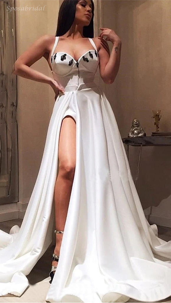 Sexy White Spaghetti Straps Side-slit A-line Long Prom Dress, PD2344