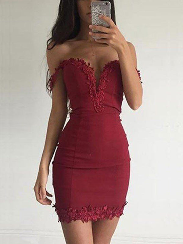 Sexy Wine Red Off-shoulder Mermaid Applique Mini Homecoming Dress, HD3 – SposaBridal Sexy Wine Red Off-shoulder Mermaid Applique Mini Homecoming Dress, HD3 – SposaBridal