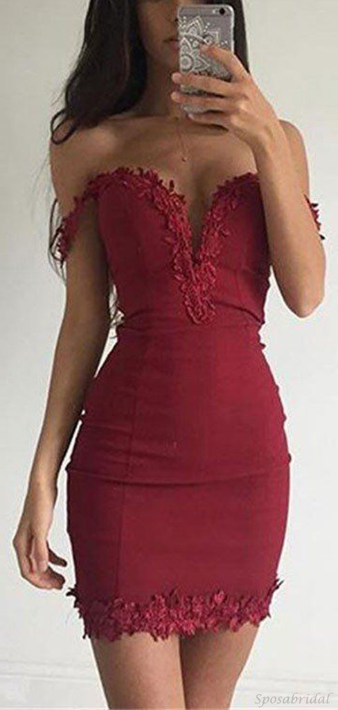 Sexy Wine Red Off-shoulder Mermaid Applique Mini Homecoming Dress, HD3055