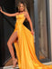 Sexy Yellow Spaghetti Straps Simple Side-slit With Tail Mermaid Long Prom Dress, PD3503
