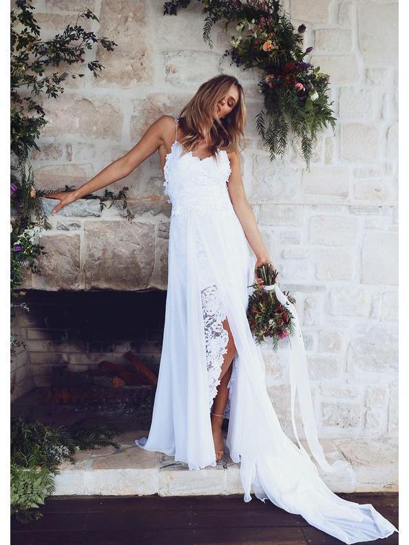 Spahgetti Straps V Neck Side Slit Simple Beach Wedding Dresses, WD327 – SposaBridal Spahgetti Straps V Neck Side Slit Simple Beach Wedding Dresses, WD327 – SposaBridal