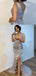 Silver Grey Sparkly Sexy V-neck Side-slit Mermaid Long Prom Dress, PD3468