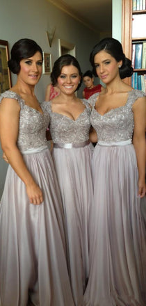 Sparkly Lace Top Dusty Pink Cap-sleeve V-neck A-line Tulle Bridesmaid Dress, BD3064