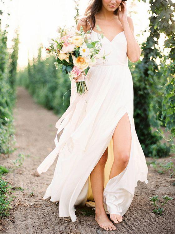 Casual Spahgetti Straps V Neck Side Slit Simple Beach Wedding Dresses, SposaBridal Casual Spahgetti Straps V Neck Side Slit Simple Beach Wedding Dresses, SposaBridal