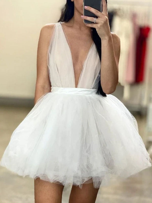 Simple Sexy V-neck White A-line Short Homecoming Dress, Graduation Dre SposaBridal Simple Sexy V-neck White A-line Short Homecoming Dress, Graduation Dre SposaBridal