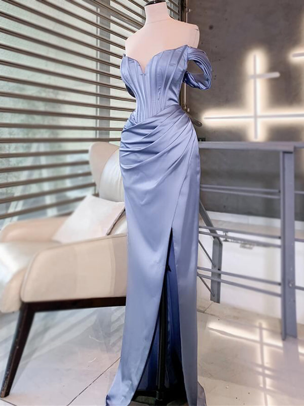 Sky Blue Off-shoulder Sexy Mermaid Side-slit Pleats Long Prom Dress, PD3354