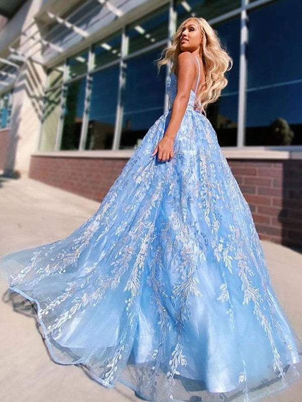 Sky Blue Spaghetti Straps Sweetheart Floral Lace A-line Long Prom Dres SposaBridal Sky Blue Spaghetti Straps Sweetheart Floral Lace A-line Long Prom Dres SposaBridal