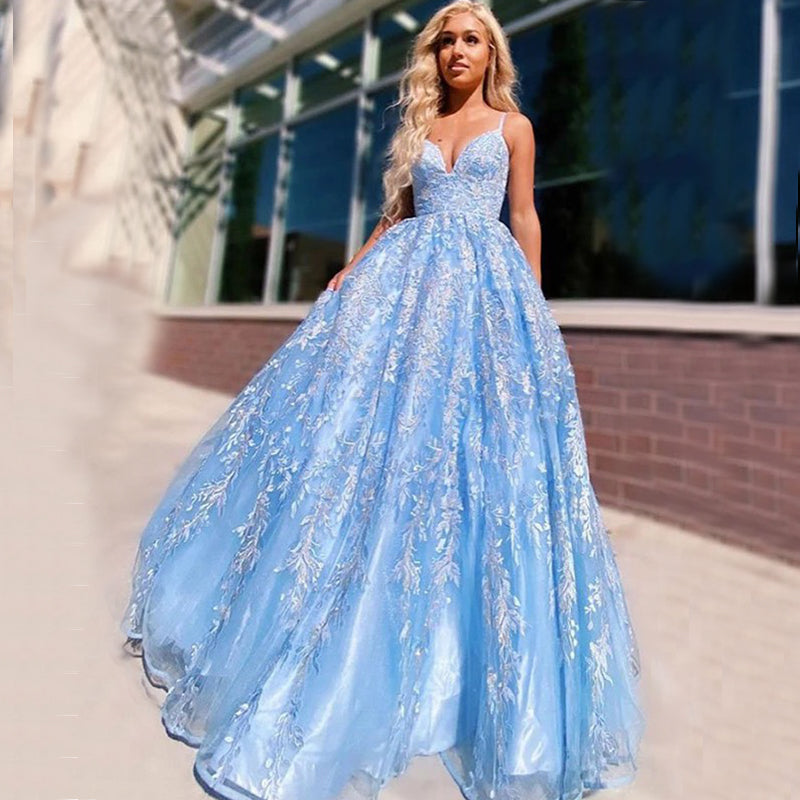 Beautiful Sky Blue Satin Sweetheart 3D Floral Long Prom Dresses with  Appliques, SP555