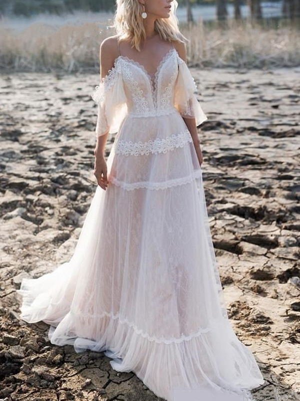 Spaghetti Strap Lace Off-shoulder Blush Open Back A-line Long Wedding SposaBridal Spaghetti Strap Lace Off-shoulder Blush Open Back A-line Long Wedding SposaBridal