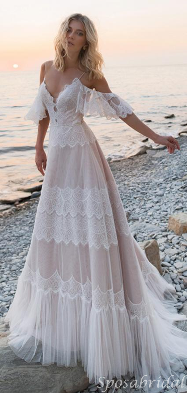 Spaghetti Strap Lace Off-shoulder Blush Open Back A-line Long Wedding SposaBridal Spaghetti Strap Lace Off-shoulder Blush Open Back A-line Long Wedding SposaBridal