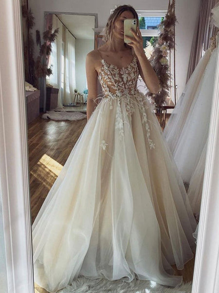 Spaghetti Straps Cream Lace Top Simple A-line Beach Wedding Dress, WD3 –  SposaBridal