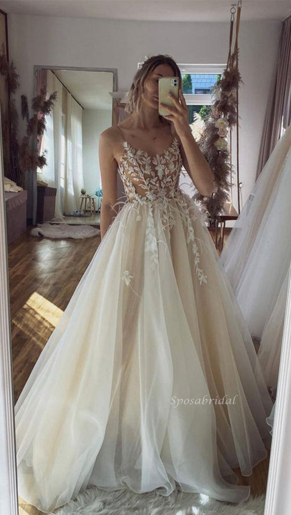 Spaghetti Straps Cream Lace Top Simple A-line Beach Wedding Dress, WD3 –  SposaBridal