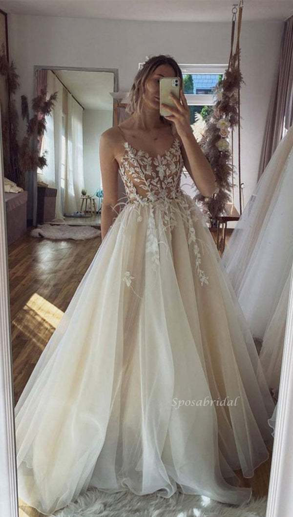 Spaghetti Straps Cream Lace Top Simple A-line Beach Wedding Dress, WD3 SposaBridal Spaghetti Straps Cream Lace Top Simple A-line Beach Wedding Dress, WD3 SposaBridal
