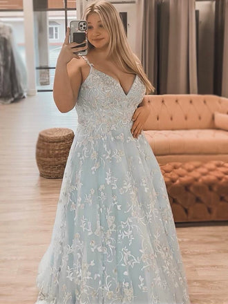 Spaghetti Straps Pale Blue V-neck Lace A-line Long Prom Dress Plus Size, PD3344