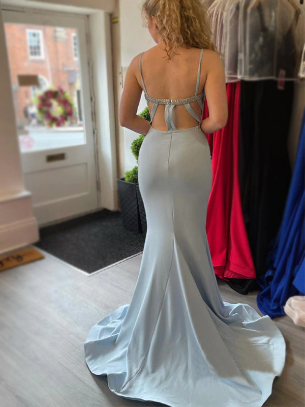 Spaghetti Straps Sexy Blue Hollow Back Mermaid Long Prom Dress, PD3485