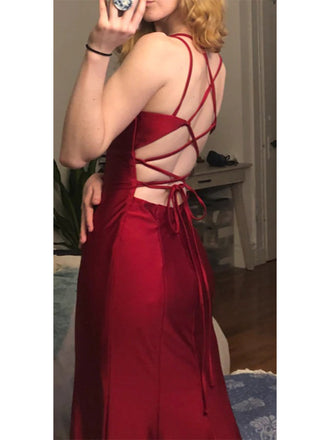 Spaghetti Straps Sexy V-neck Mermaid Open Back Burgundy Long Prom Dress, PD3524