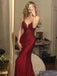 Spaghetti Straps Sexy V-neck Mermaid Open Back Burgundy Long Prom Dress, PD3524