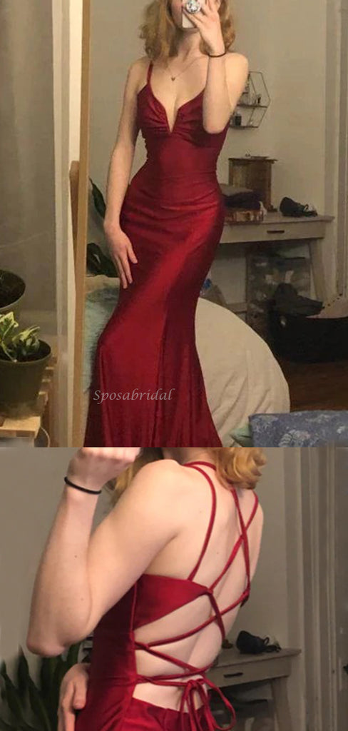 Spaghetti Straps Sexy V-neck Mermaid Open Back Burgundy Long Prom Dress, PD3524