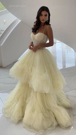 Spaghetti Straps Sweetheart Sexy Cream A-line Tulle Long Prom Dress, PD3369