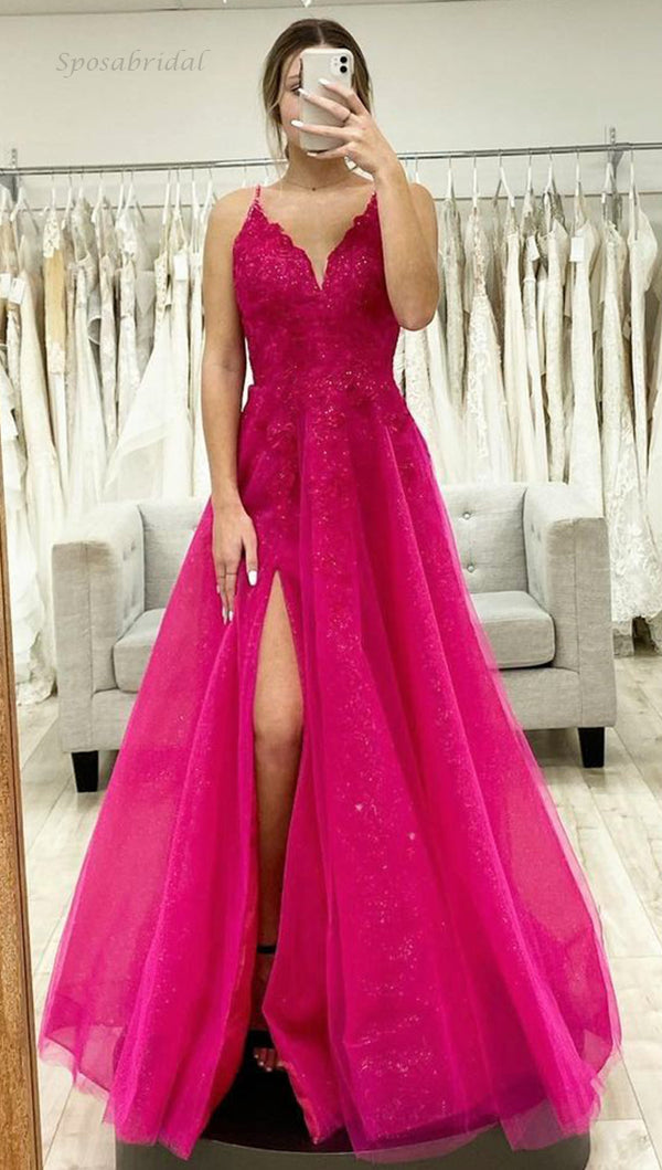 Viniodress Spaghetti Strap Hot Pink Sequin Prom Dresses with Slit Lace-Up Back FD1438 Custom Colors / US12