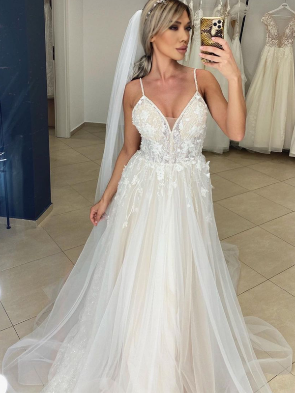 Spaghetti Strap V-neck Lace Applique Tulle Beach Wedding Dress, WD3030 SposaBridal Spaghetti Strap V-neck Lace Applique Tulle Beach Wedding Dress, WD3030 SposaBridal