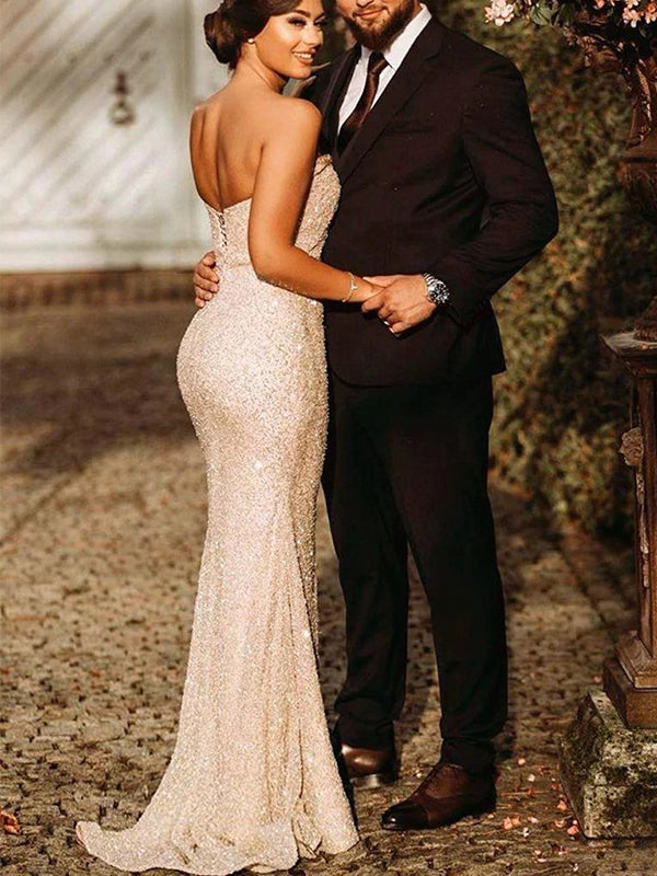 Sparkling Sexy Strapless Beading Mermaid Long Side-slit Prom Dress, PD3520