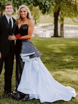 Sparkly Black V-neck Mermaid Long White Added Pleats Prom Dress, PD3215