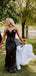 Sparkly Black V-neck Mermaid Long White Added Pleats Prom Dress, PD3215