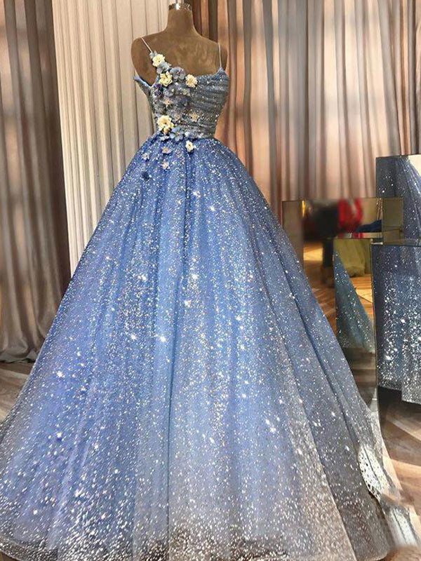 Sparkly Blue Spaghetti Straps Floral Top A-line Long Prom Dress, PD324 SposaBridal Sparkly Blue Spaghetti Straps Floral Top A-line Long Prom Dress, PD324 SposaBridal