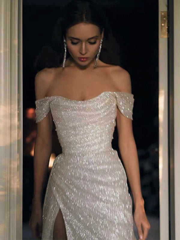 Elegant Sparkly Off-shoulder White Side Slit Sheath Long Prom Dress, P SposaBridal Elegant Sparkly Off-shoulder White Side Slit Sheath Long Prom Dress, P SposaBridal