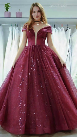 Sparkly Wine Red Off-shoulder Tulle A-line Long Prom Dress, PD3348