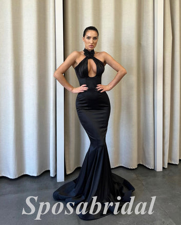 Sexy Black Satin High Neck Sleeveless Mermaid Long Prom Dresses,PD3659