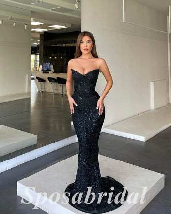 Sexy Black Sequin Sweetheart V-Neck Mermaid Long Prom Dresses,PD3661