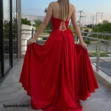 Charming Square Neck Spaghetti Strap Side Slit A-line Long Prom Dress, PD3048