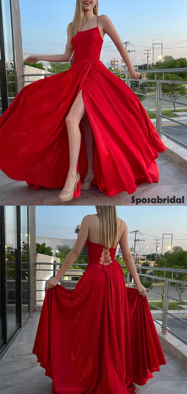 Charming Square Neck Spaghetti Strap Side Slit A-line Long Prom Dress, –  SposaBridal