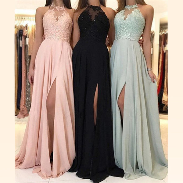 Charming Lace Halter Long Split Formal Prom Dresses, Bridesmaid Dress ...
