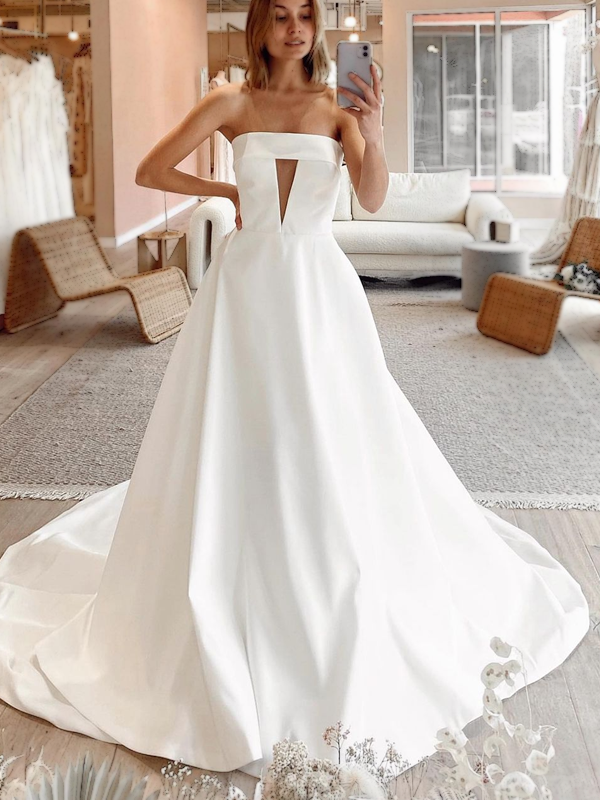 Straight across Illusion V neck A line Long Wedding Dress WD3023
