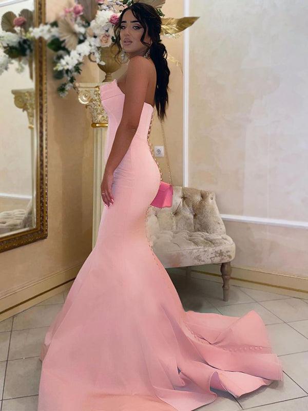 Straight Across Pink Strapless Sexy Mermaid Long Tail Prom Dress, PD3469
