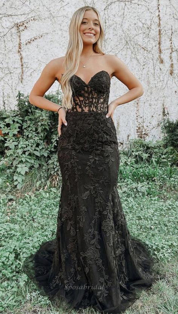 Strapless Black Sweetheart Full Lace Mermaid Long Prom Dress, PD3415 SposaBridal Strapless Black Sweetheart Full Lace Mermaid Long Prom Dress, PD3415 SposaBridal