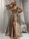 Strapless Light Champagne Sparkly Sweetheart Side-slit A-line Long Prom Dress, PD3387