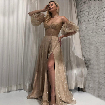 Strapless Light Champagne Sparkly Sweetheart Side-slit A-line Long Prom Dress, PD3387