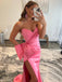 Strapless Sexy Hot Pink V-neck Side-slit Mermaid Long Prom Dress, PD3486