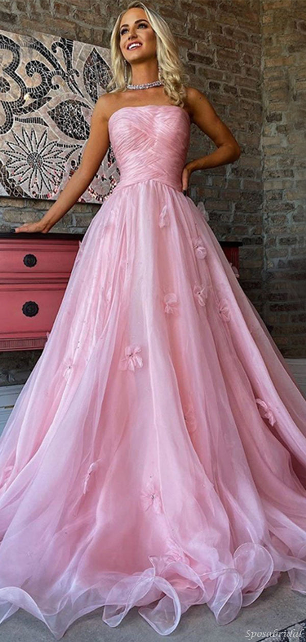 Strapless Straight -across Pink Pleats Top A-line Long Prom Dress, PD3 SposaBridal Strapless Straight -across Pink Pleats Top A-line Long Prom Dress, PD3 SposaBridal
