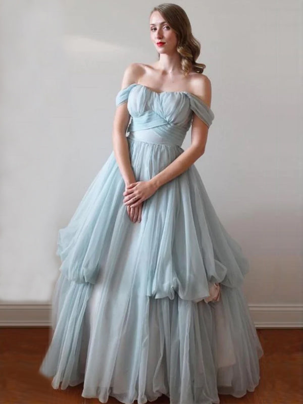 Elegant Vintage Off-shouler A-line Baby blue Tulle Long Prom Dress, PD SposaBridal Elegant Vintage Off-shouler A-line Baby blue Tulle Long Prom Dress, PD SposaBridal