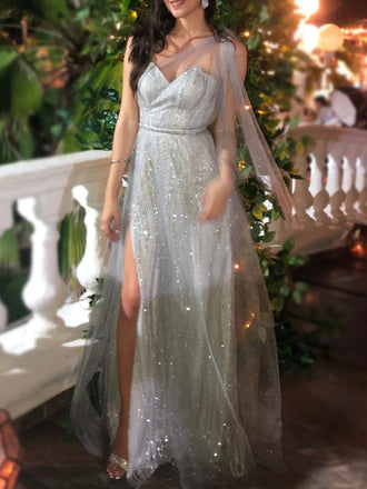 Sparkling Strapless Sweetheart Side Slit A-line Long Prom Dress, PD3049